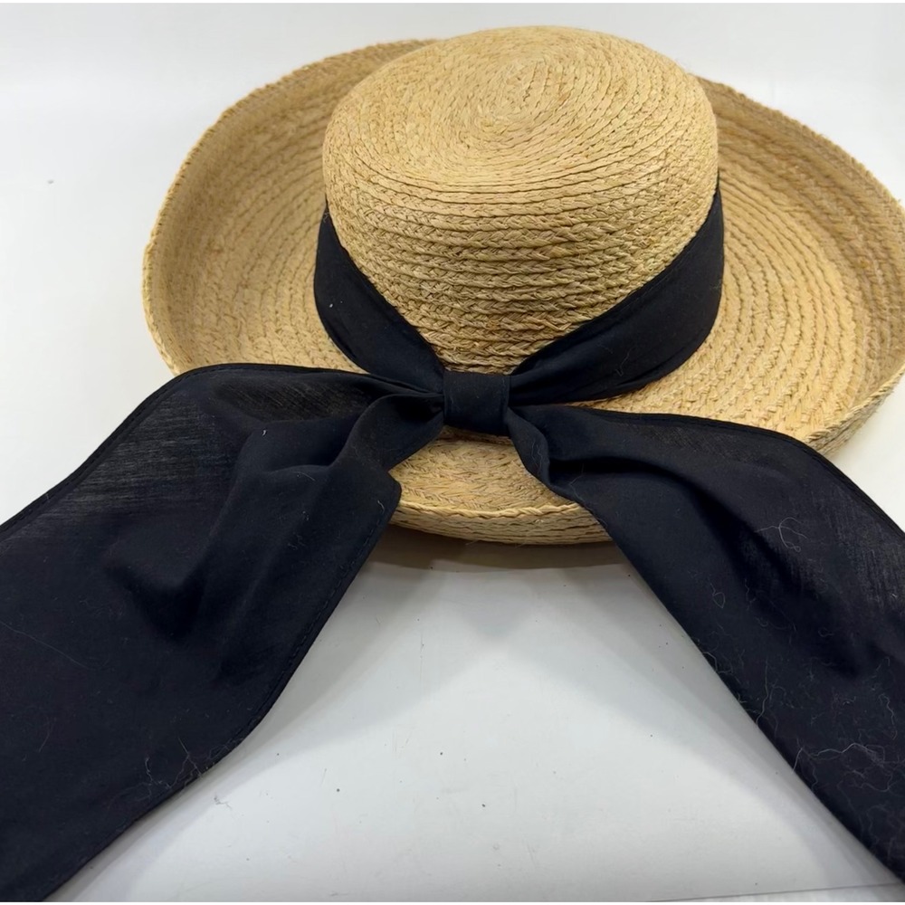 Lady Hagen Straw Boater Hat Natural Woven Sun Hat with Wide Black Ribbon Bow